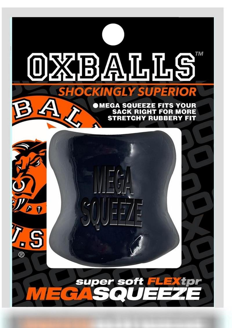 Oxballs Mega Squeeze Ergofit Ballstretcher Black packaging with description and logo.