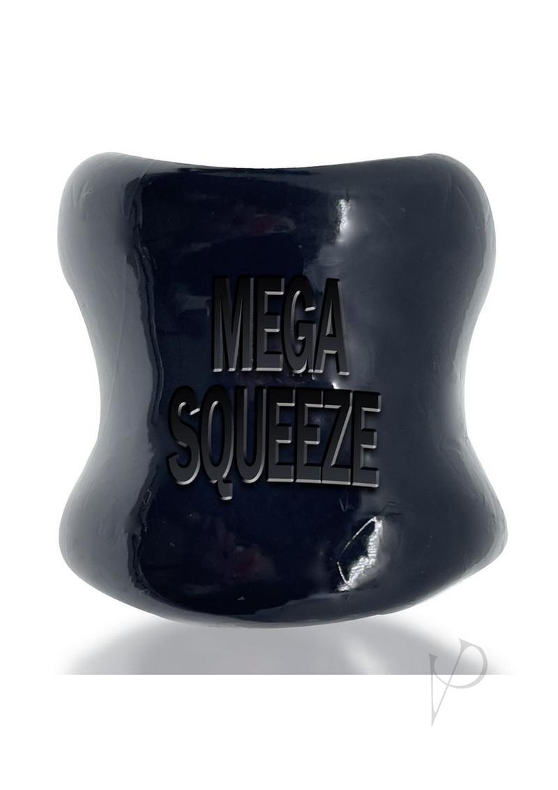 Oxballs Mega Squeeze Ergofit Ballstretcher Black showcasing its ergonomic design and bold text.