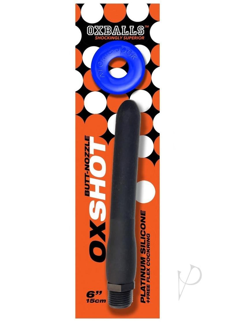Oxballs Oxshot 6 Inch Silicone Butt Nozzle Cock Ring with ATOMIC JOCK cock ring in black and blue packaging.