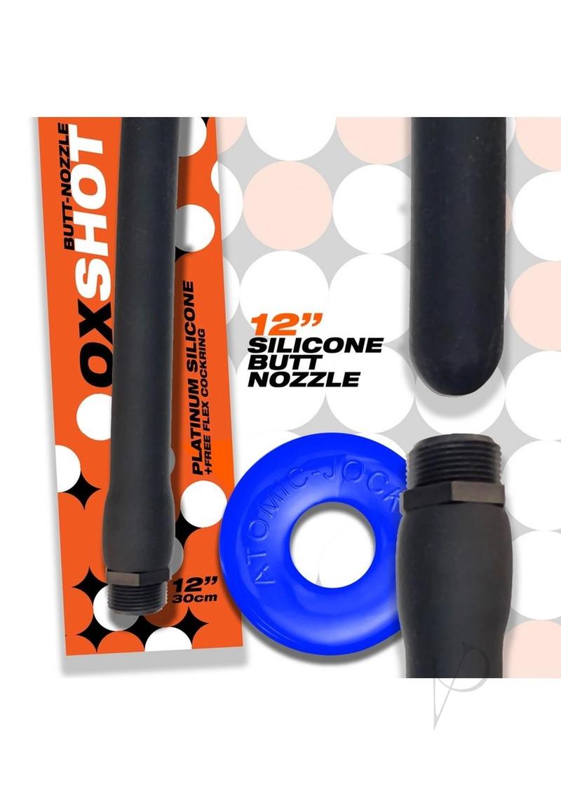 Oxballs Oxshot Silicone Butt Nozzle Shower Hose 12 inch, featuring a smooth platinum silicone design for comfortable cleaning.