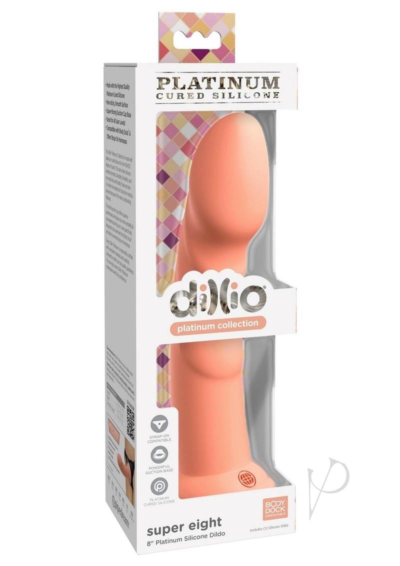 Dillio Platinum Super Eight Silicone Dildo 8 inch Orange in packaging, showcasing premium silicone and vibrant color.
