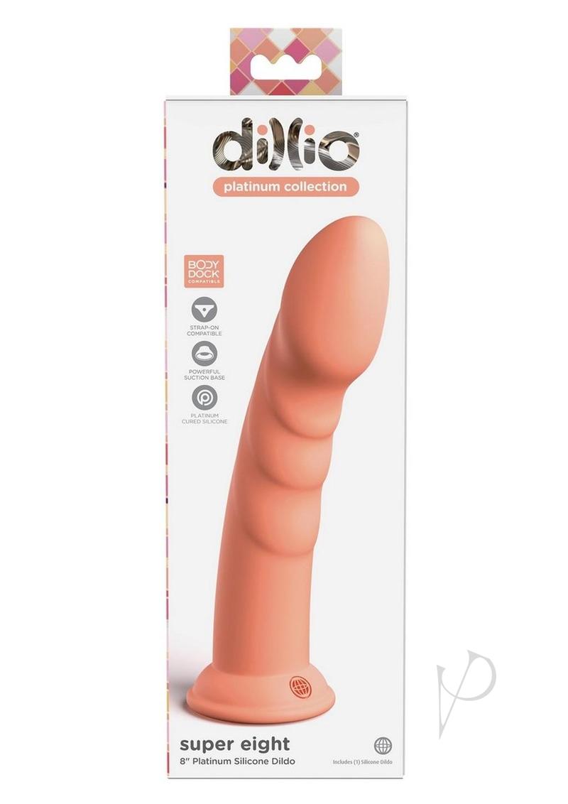 Dillio Platinum Super Eight Silicone Dildo 8 inch Orange packaged in attractive box with features highlighted.