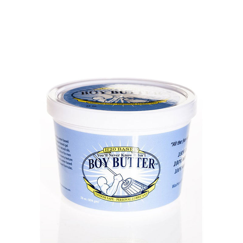 Boy Butter H2O Lubricant 16 Oz Tub with blue packaging and product details on the label.