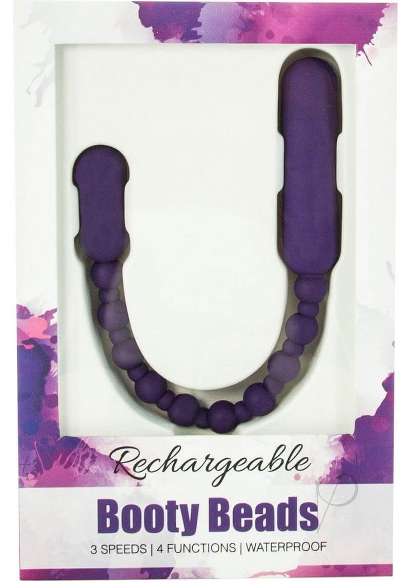 PowerBullet Rechargeable Booty Beads 10 inch Purple in packaging, showcasing flexible design and waterproof features.