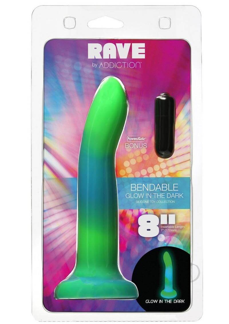 Addiction Rave Silicone Glow In The Dark Dildo 8 inch Blue Green packaging with vibrant colors and bonus features.