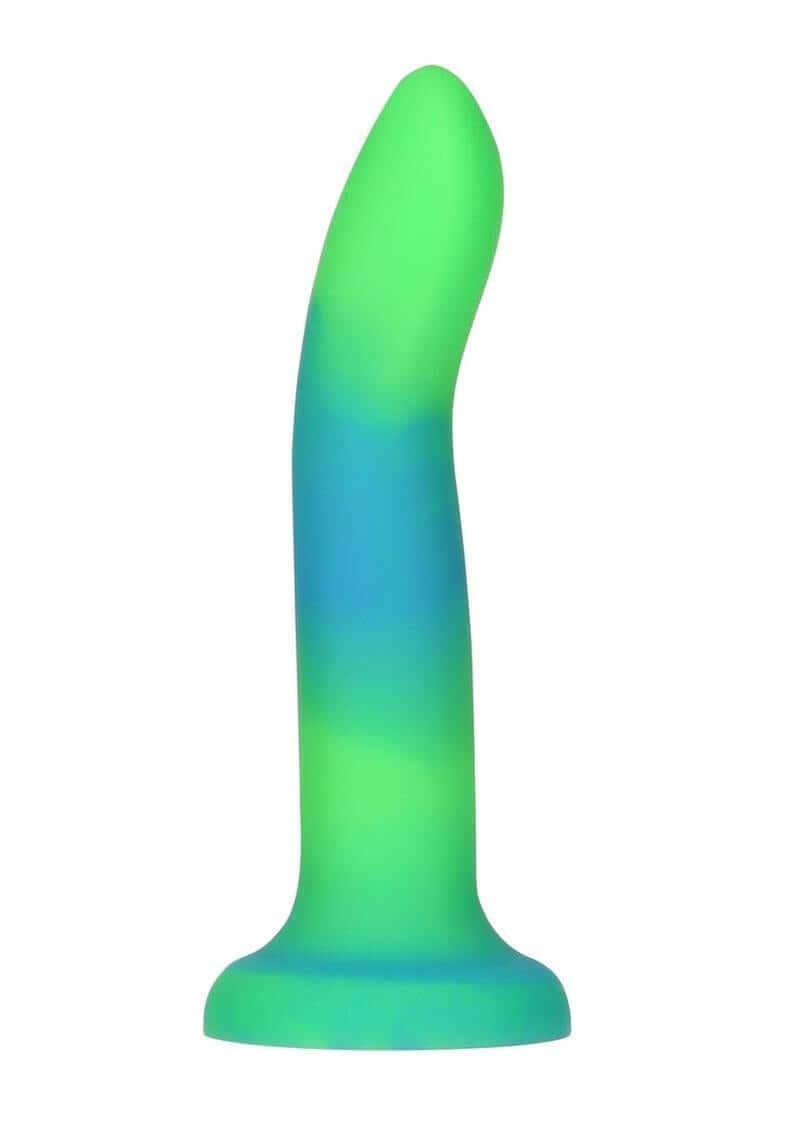 Addiction Rave Silicone Glow In The Dark Dildo 8 inch Blue Green showcasing vibrant colors and premium silicone design.