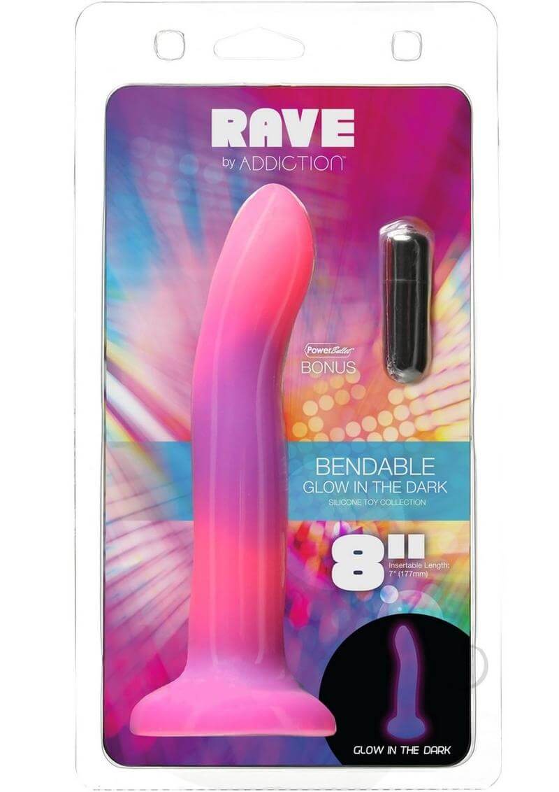 Addiction Rave Silicone Glow In The Dark Dildo 8 inch Pink Purple packaging featuring vibrant colors and bendable design.