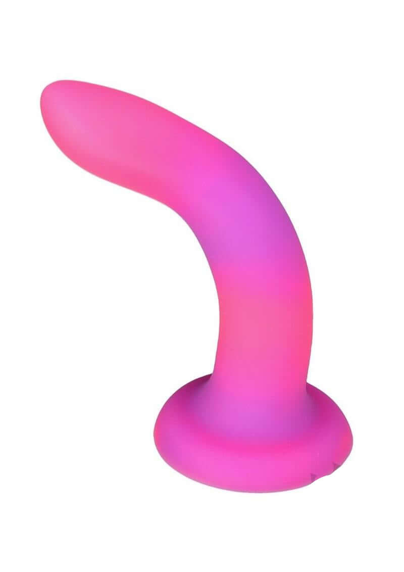 Addiction Rave Silicone Glow In The Dark Dildo 8 inch Pink Purple with vibrant pink and purple colors.