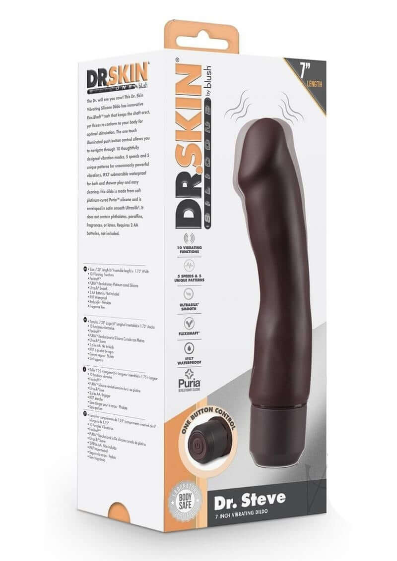 Dr Skin Silicone Dr Steve Vibrating Dildo 7 inch Dark product packaging showing features and design.