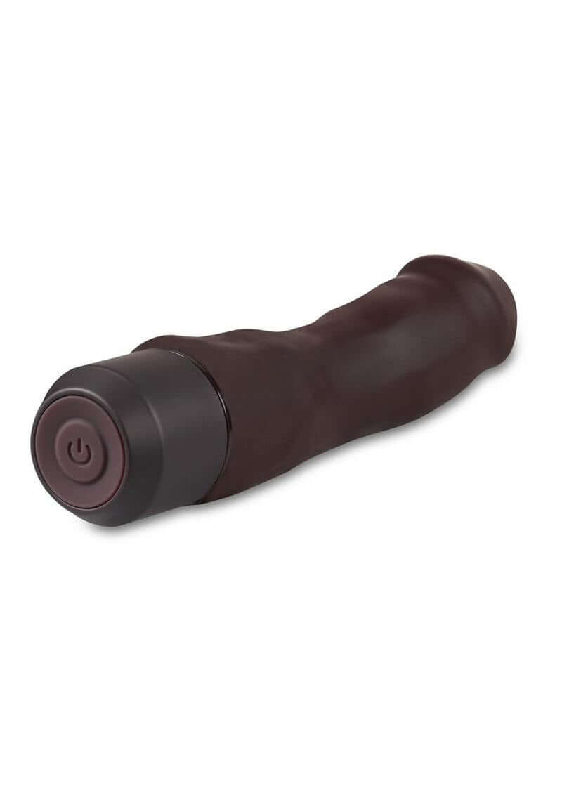 Dr Skin Silicone Dr Steve Vibrating Dildo 7 inch Dark view showing the sleek, dark silicone design with power button.