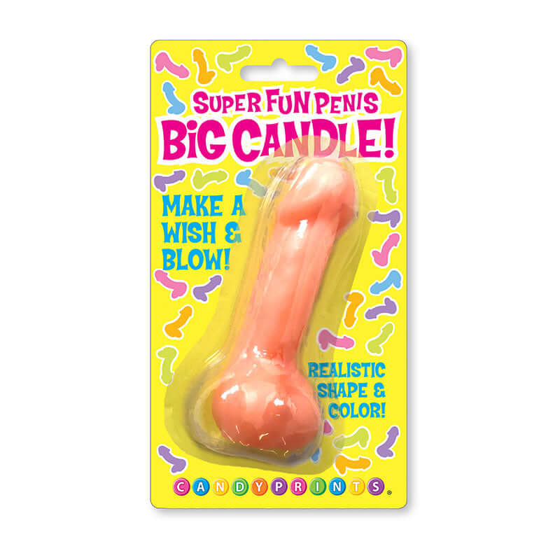 Super Fun Big Penis Candle Pink in vibrant packaging featuring realistic shape and color for playful celebrations.