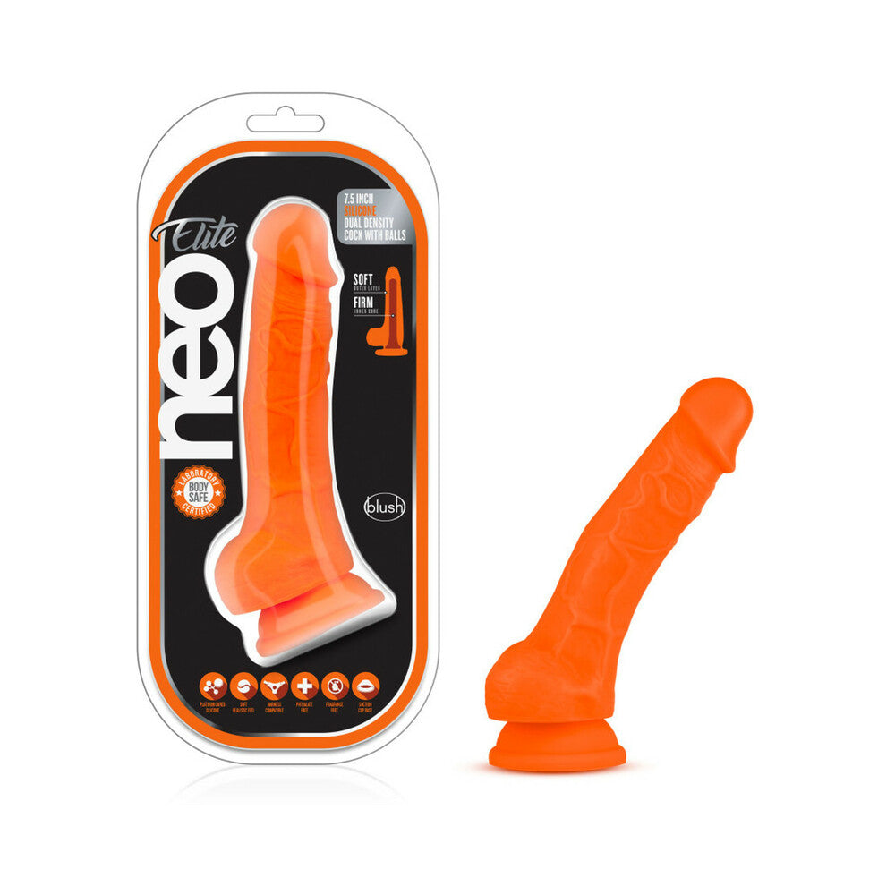 Neo Elite 7.5 inches Silicone Dual Density Dildo with Balls Neon Orange
