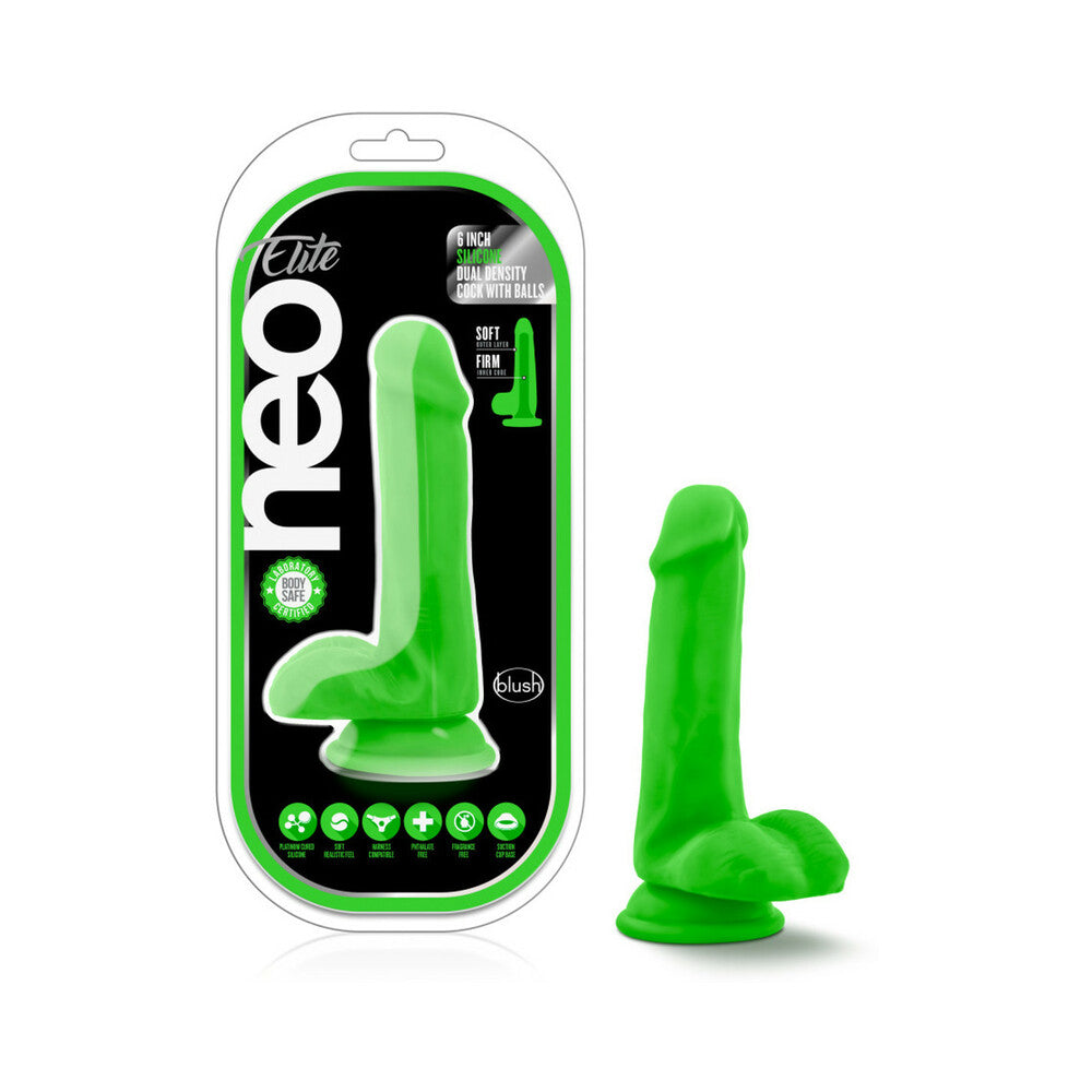 Neo Elite 6 inches Silicone Dual Density Dildo with Balls Neon Green