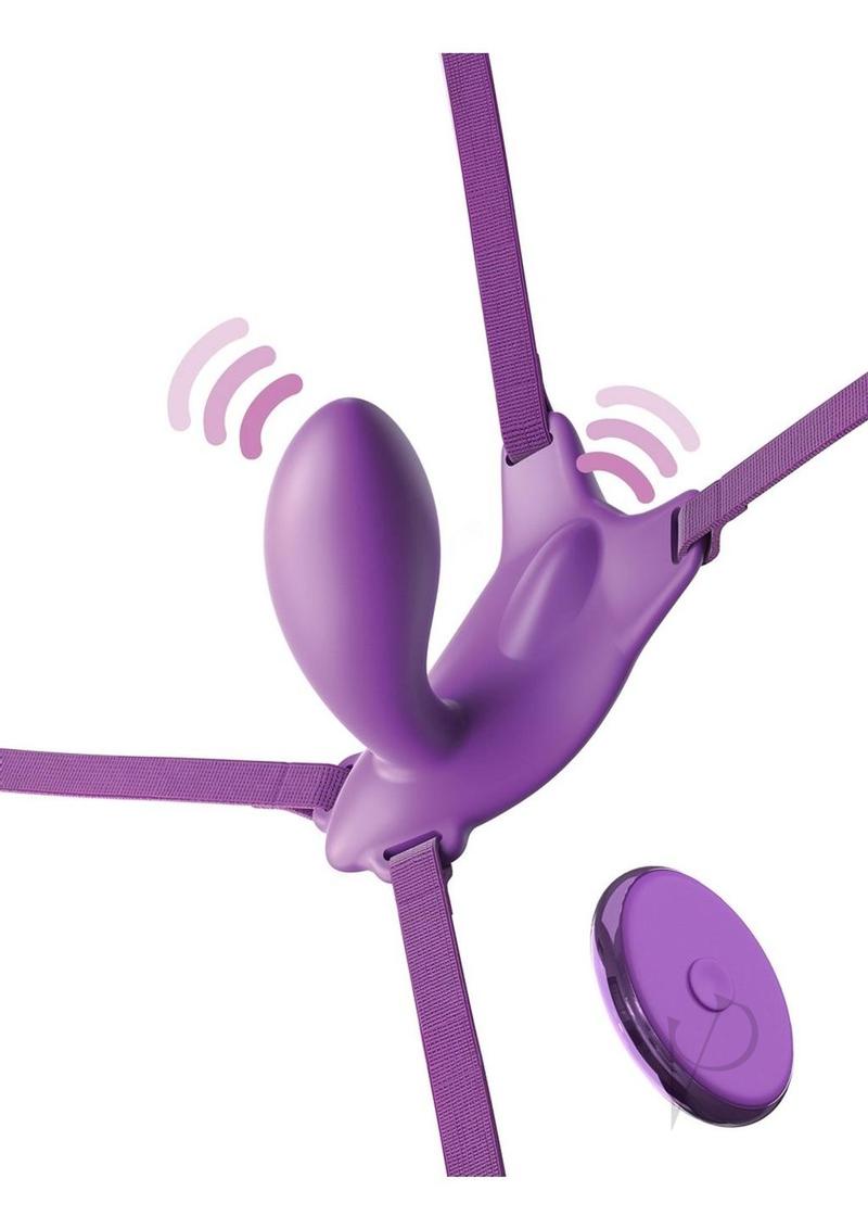Fantasy For Her Ultimate G-Spot Butterfly Strap-On Purple with adjustable straps and remote for pleasure.