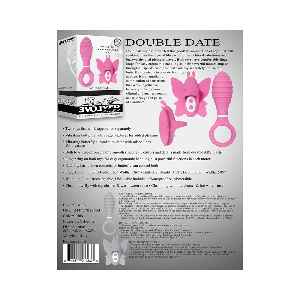 Evolved Double Date Rechargeable Silicone Vibrating Anal Plug and Clit Stimulator Couples Set Pink