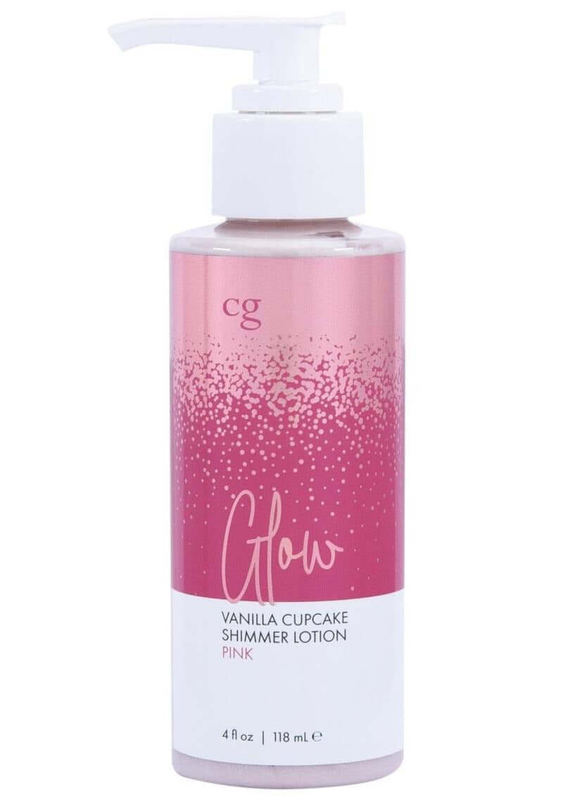 CG Glow Vanilla Cupcake Fragranced Shimmer Lotion 4 Oz in pink pump bottle, hydrates and adds shimmer to skin.