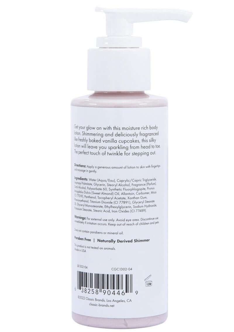 CG Glow Vanilla Cupcake Fragranced Shimmer Lotion 4 Oz bottle with pump and ingredient details.