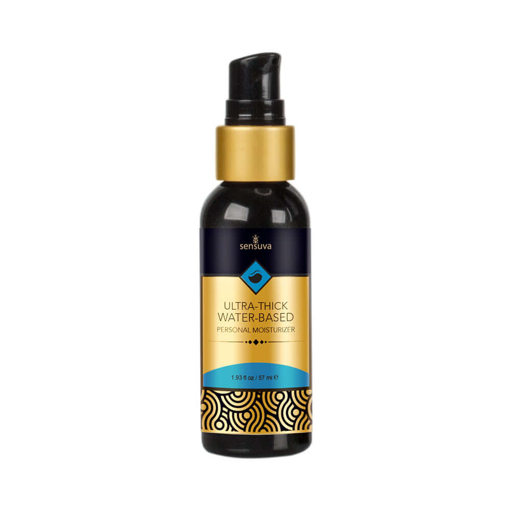 Sensuva Ultra-Thick Water-Based Personal Moisturizer 2 Oz in a sleek black and gold bottle.