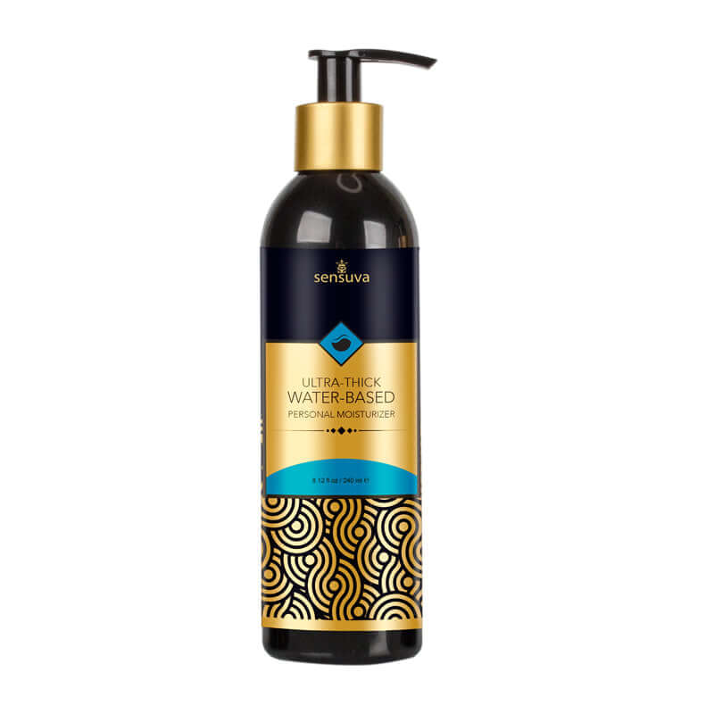 Sensuva Ultra-Thick Water-Based Moisturizer 8 Oz personal moisturizer in a sleek black and gold bottle