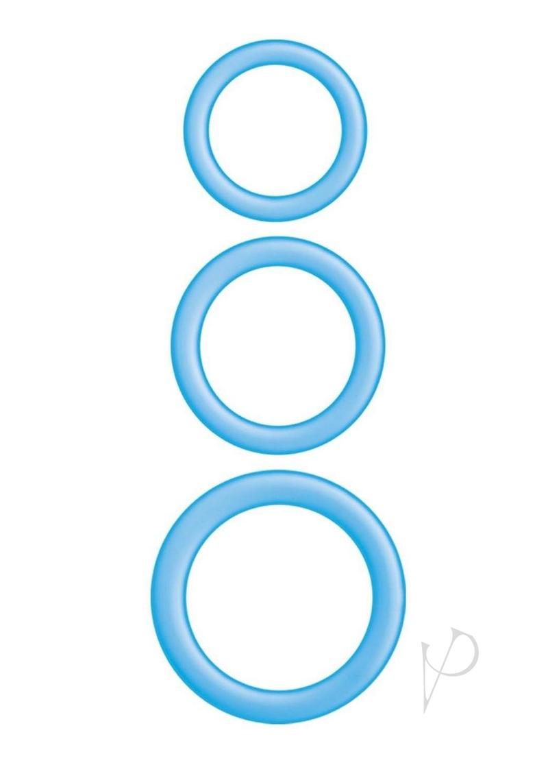Enhancer Glow Rings Silicone Cockring Blue, a set of three durable, stretchy silicone rings in graduated sizes.