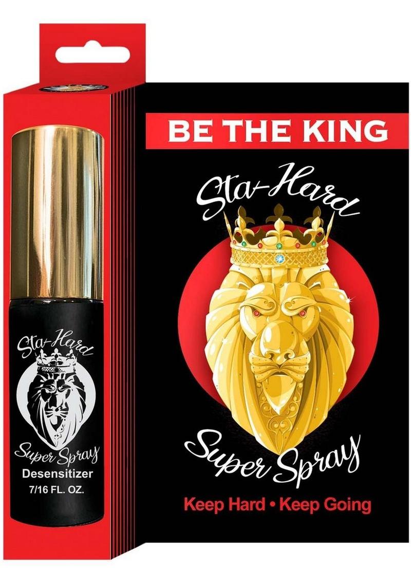 Sta-Hard Super Spray Male Desensitizer bottle with lion design for enhanced performance and lasting pleasure.
