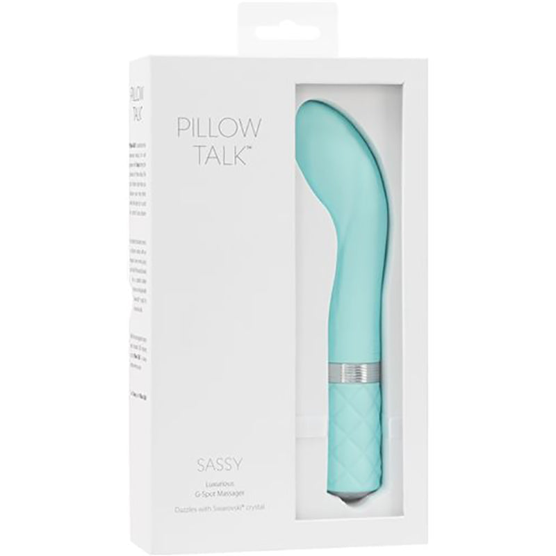 Pillow Talk Sassy G-spot Massager Teal in packaging, showcasing its elegant design and targeted stimulation features.