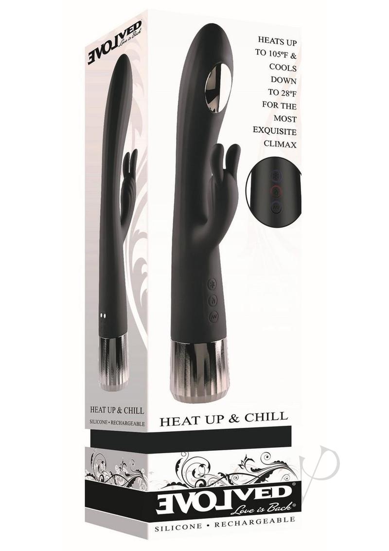 Evolved Heat Up and Chill G-Spot Rabbit Vibrator Black packaging showcasing silicone, rechargeable design and temperature controls.
