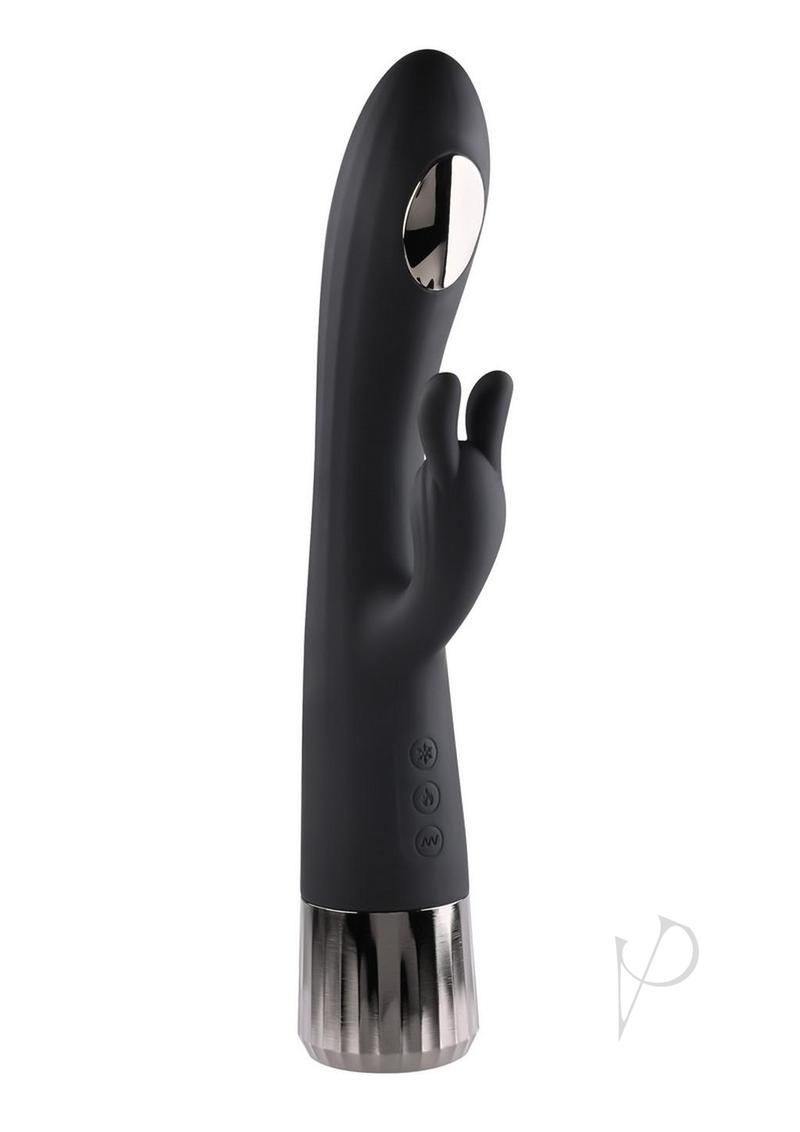 Evolved Heat Up and Chill G-Spot Rabbit Vibrator Black showcasing sleek design and dual stimulation features.