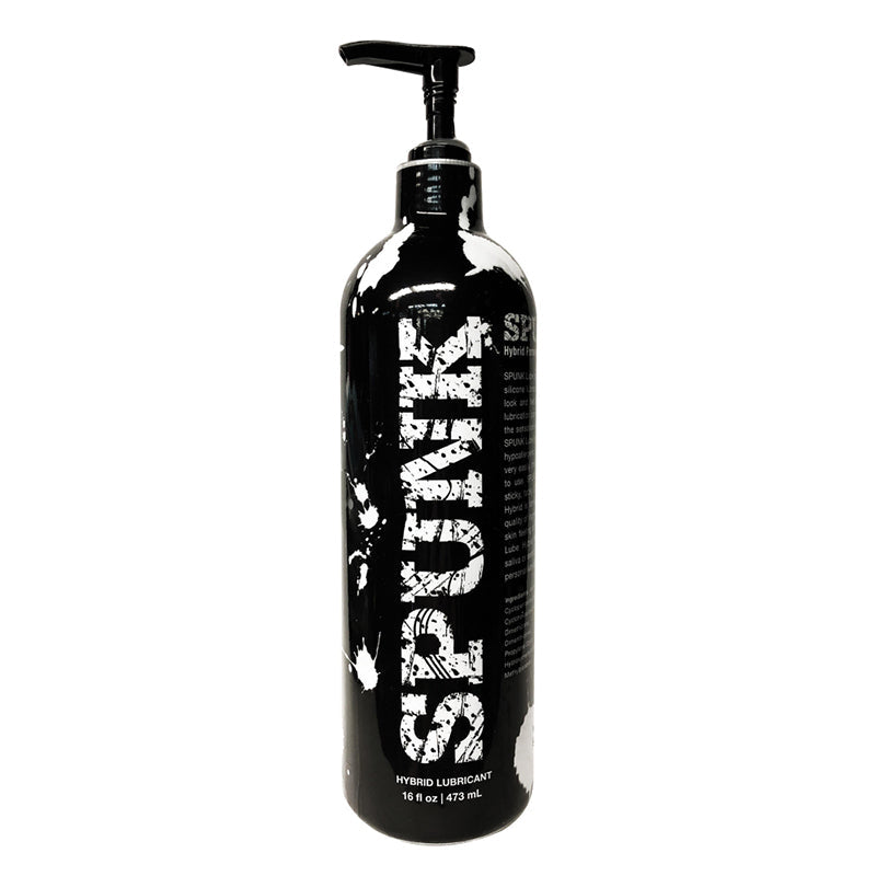 Spunk Lube Hybrid 16 oz personal lubricant bottle with pump and creamy white texture.
