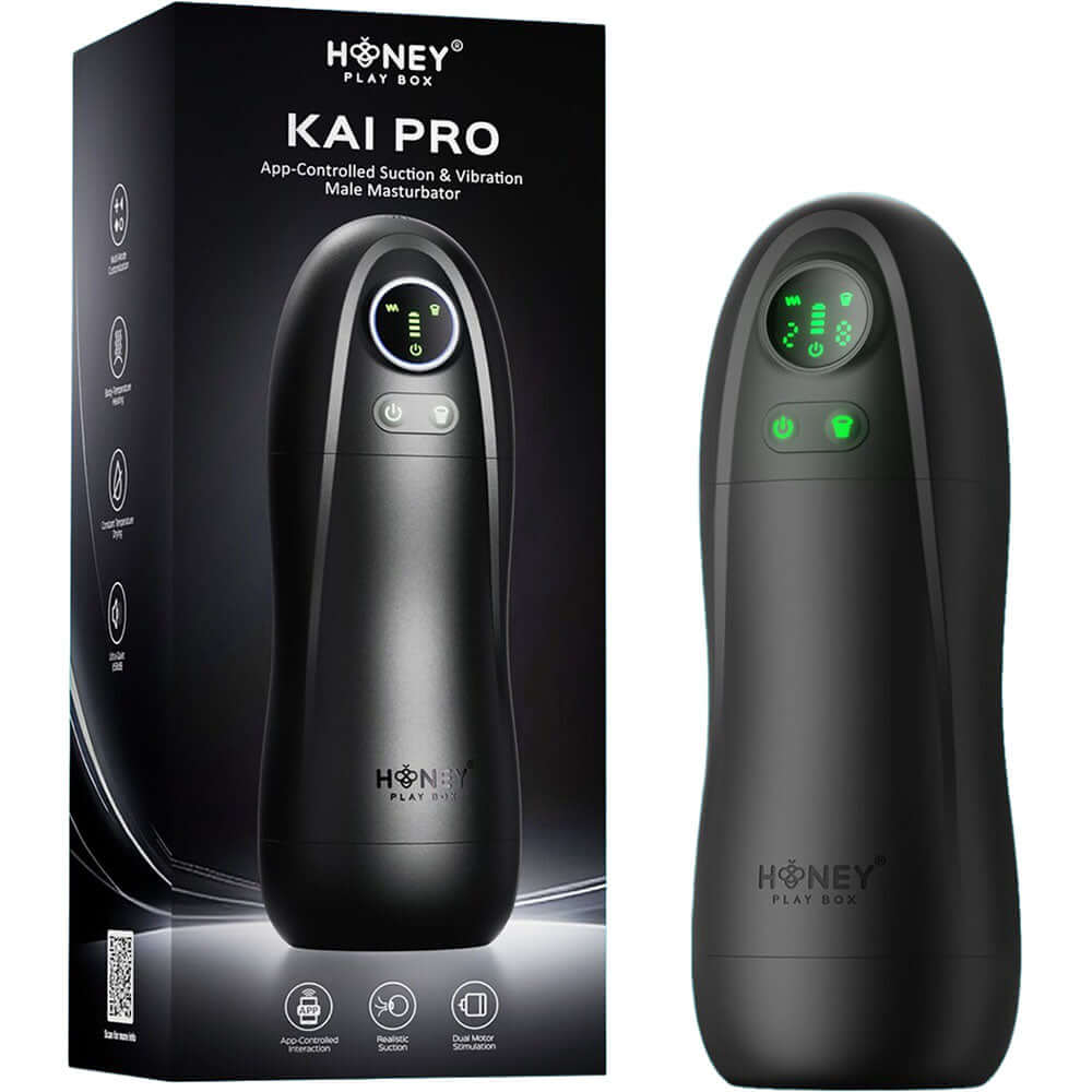 Honey Play Box Kai Pro Male Masturbator Black - App-controlled suction and vibration device for enhanced pleasure