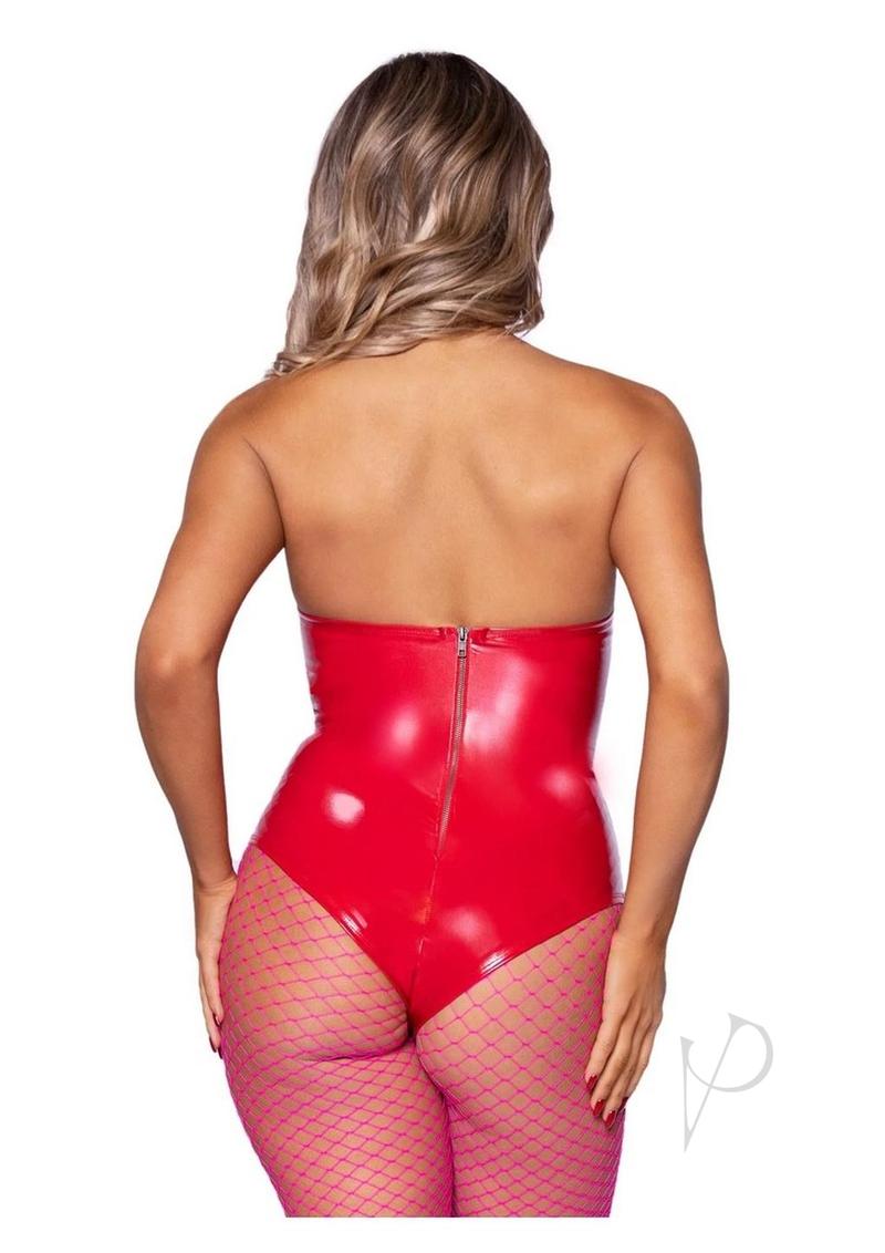Leg Avenue Vinyl Boned Bodysuit Small Red showcased from the back with a sleek zipper and fishnet stockings.