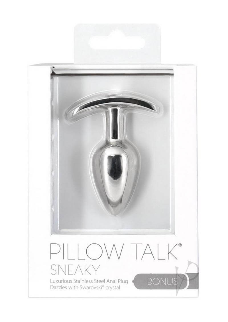 Pillow Talk Sneaky Luxurious Stainless Steel Anal Plug in packaging showcasing its elegant design and Swarovski crystal accent.