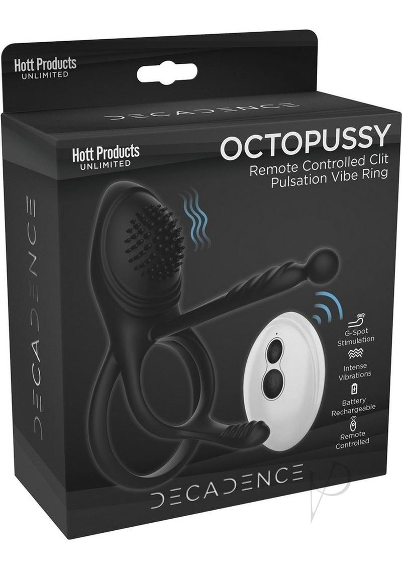 Decadence Octopussy Vibrating Cock Ring Remote Black packaging featuring remote control and clitoral stimulation features.
