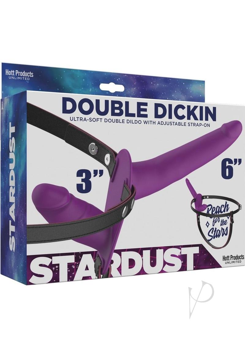 Stardust Double Dickin Silicone Double Dildo Strap On Purple packaging showcasing ultra-soft dual dildo and adjustable harness.