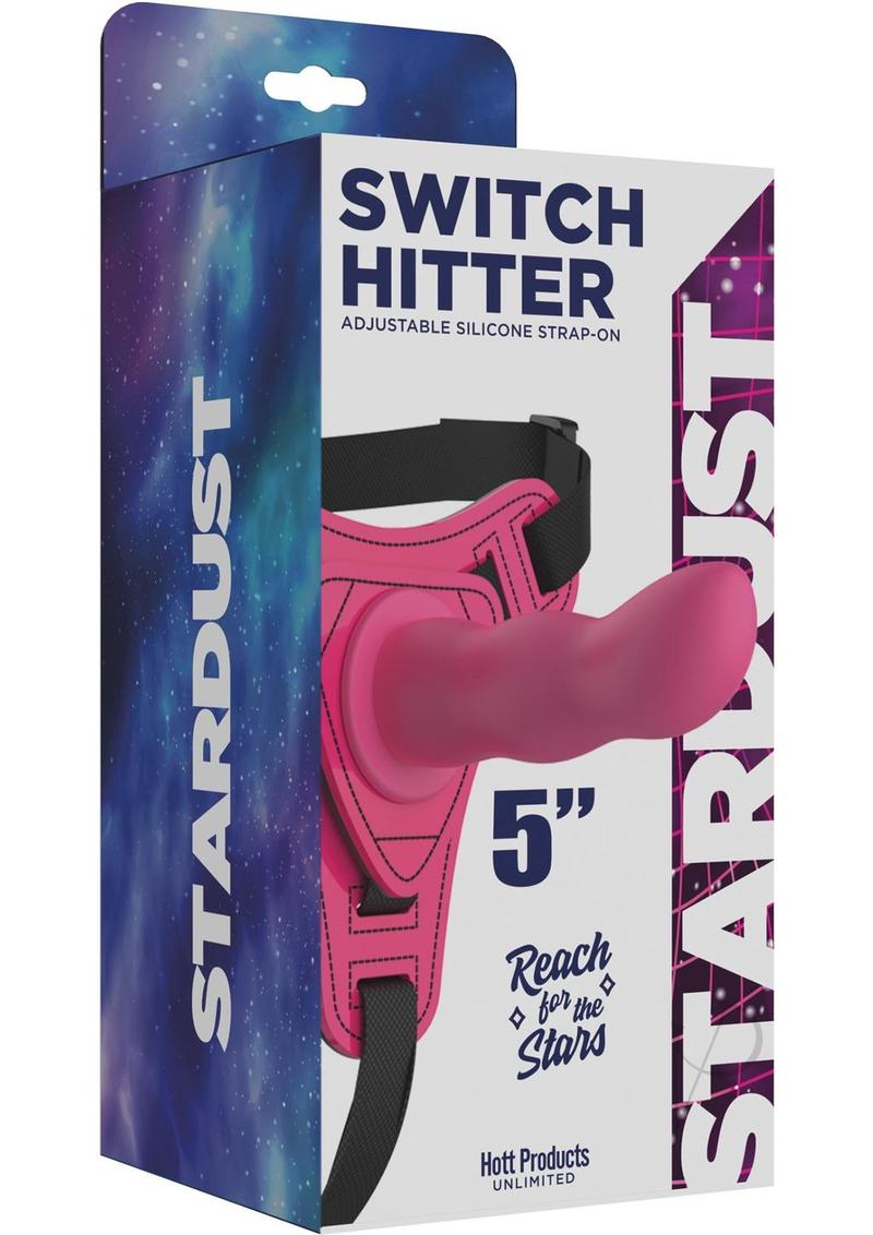 Stardust Switch Hitter Adjustable Silicone Strap-On Pink packaging showcasing a 5-inch silicone strap-on.