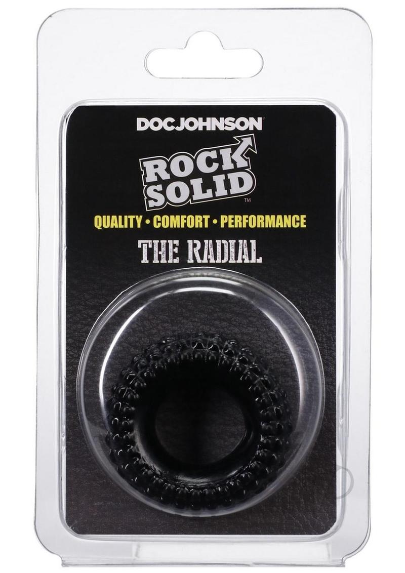 Rock Solid The Radial Cock Ring Black in packaging, featuring a tread-style texture for enhanced stimulation.