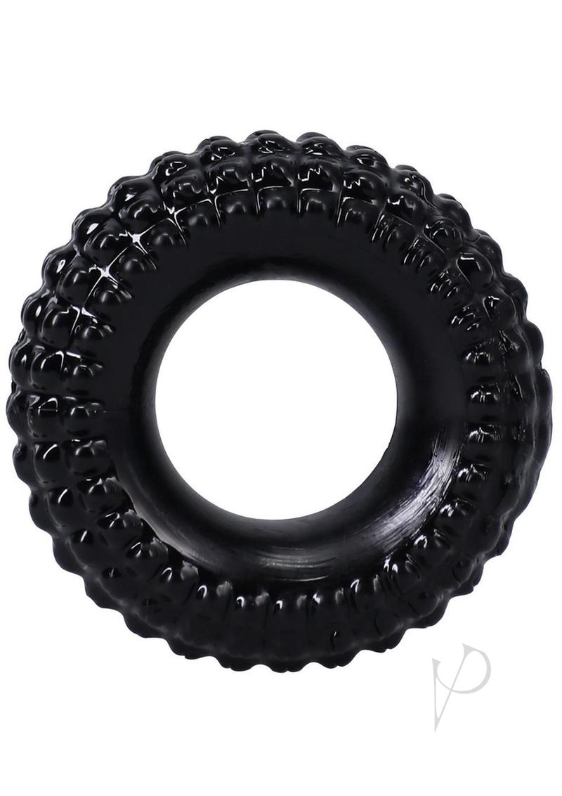 Rock Solid The Radial Cock Ring Black designed like a tire with textured ribbing for enhanced pleasure.