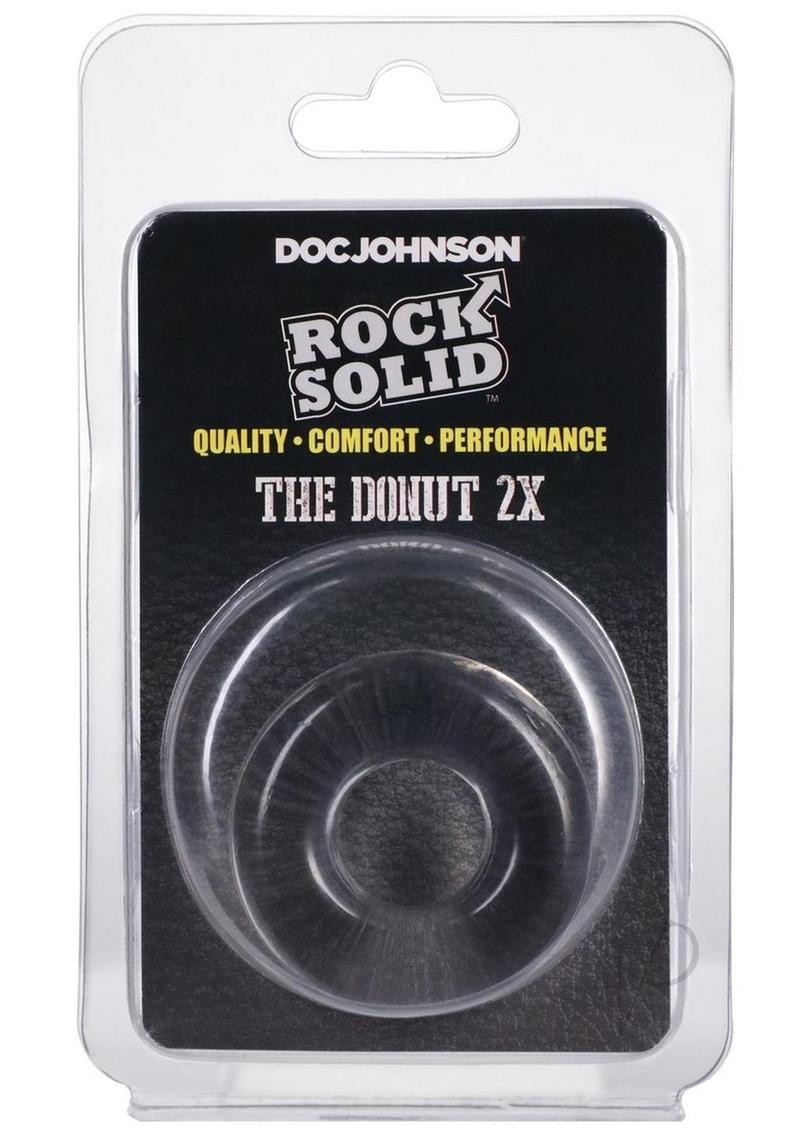 Rock Solid The 2X Donut Cock Ring Clear packaging displayed on a black background with product details.