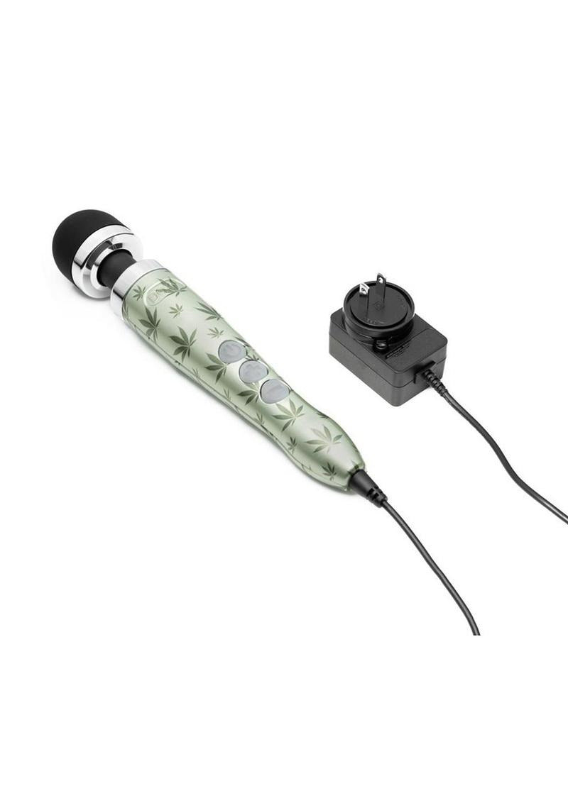 Doxy Die Cast 3 Wand Plug-In Wand Massager Cannabis Pattern with cannabis print design and power adapter.
