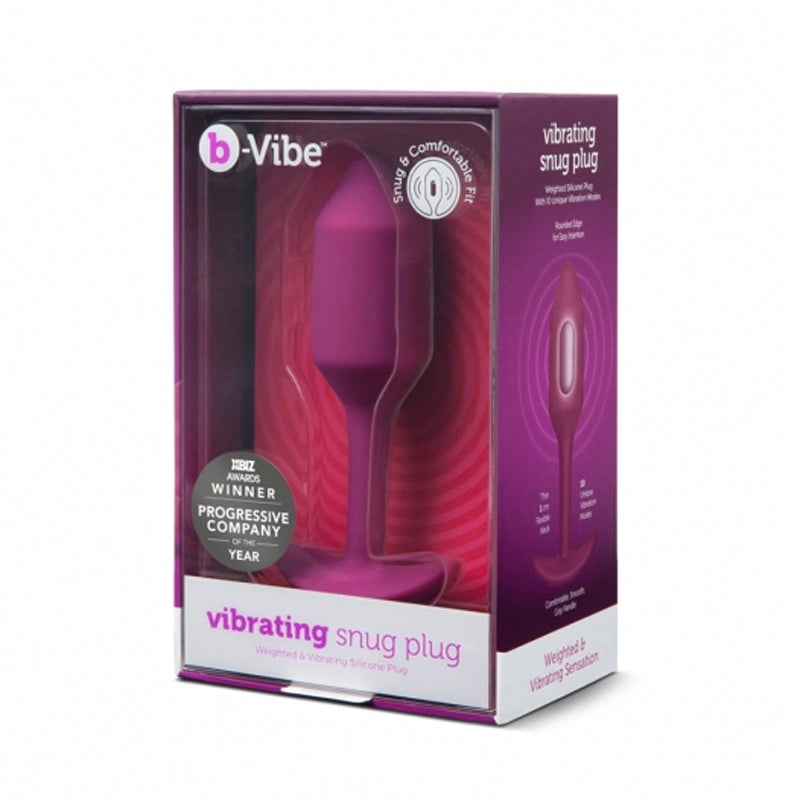 b-Vibe Vibrating Snug Plug 2 Weighted Silicone Anal Plug Rose packaging displayed in box