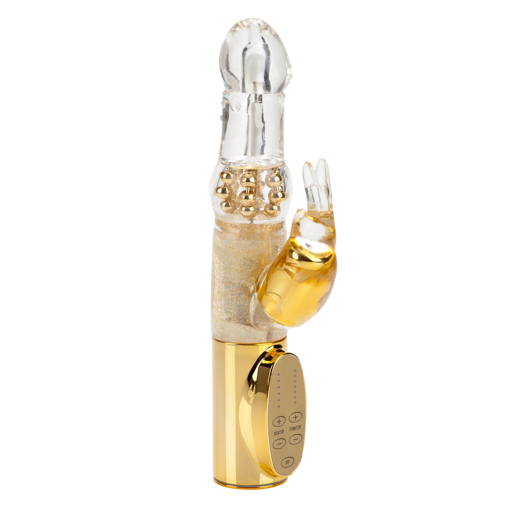 Jack Rabbit Platinum Collection Gold Rabbit Vibrator with transparent jelly shaft and bunny-shaped clitoral teaser.