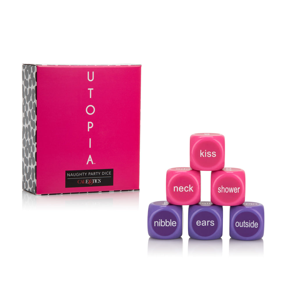 Utopia Naughty Party Dice, featuring colorful dice and a fun box, designed for couples' intimate game nights.
