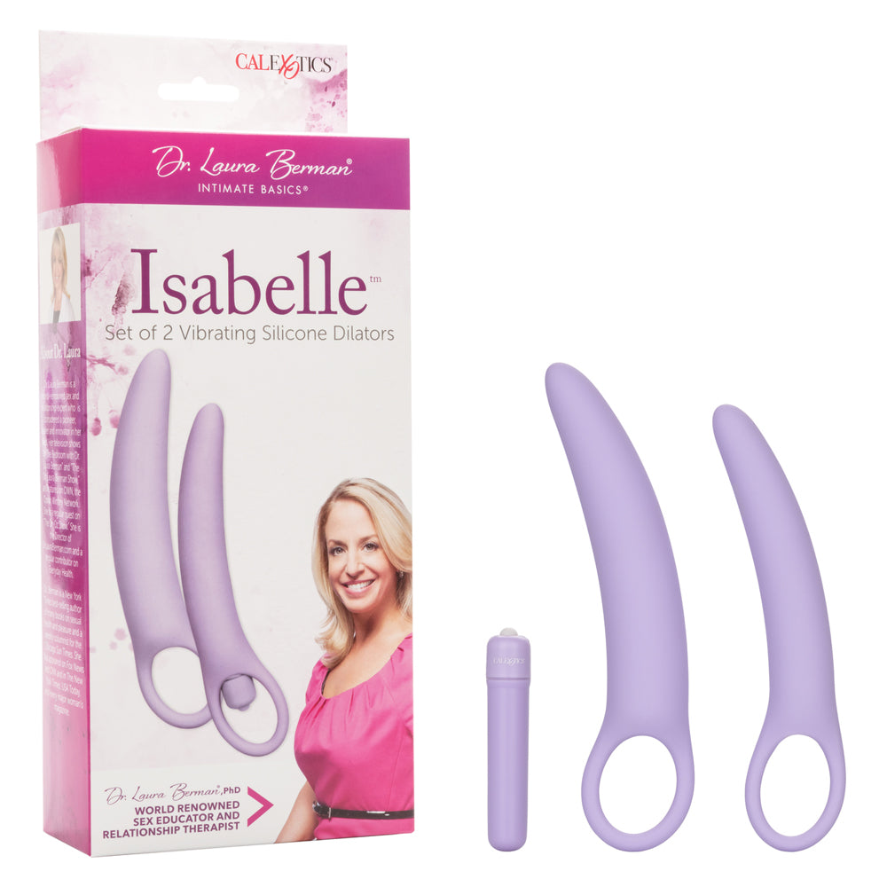 Dr Laura Berman Isabelle Set Of 2 Vibrating Dilators, featuring two silicone dilators and a bullet vibrator in packaging.