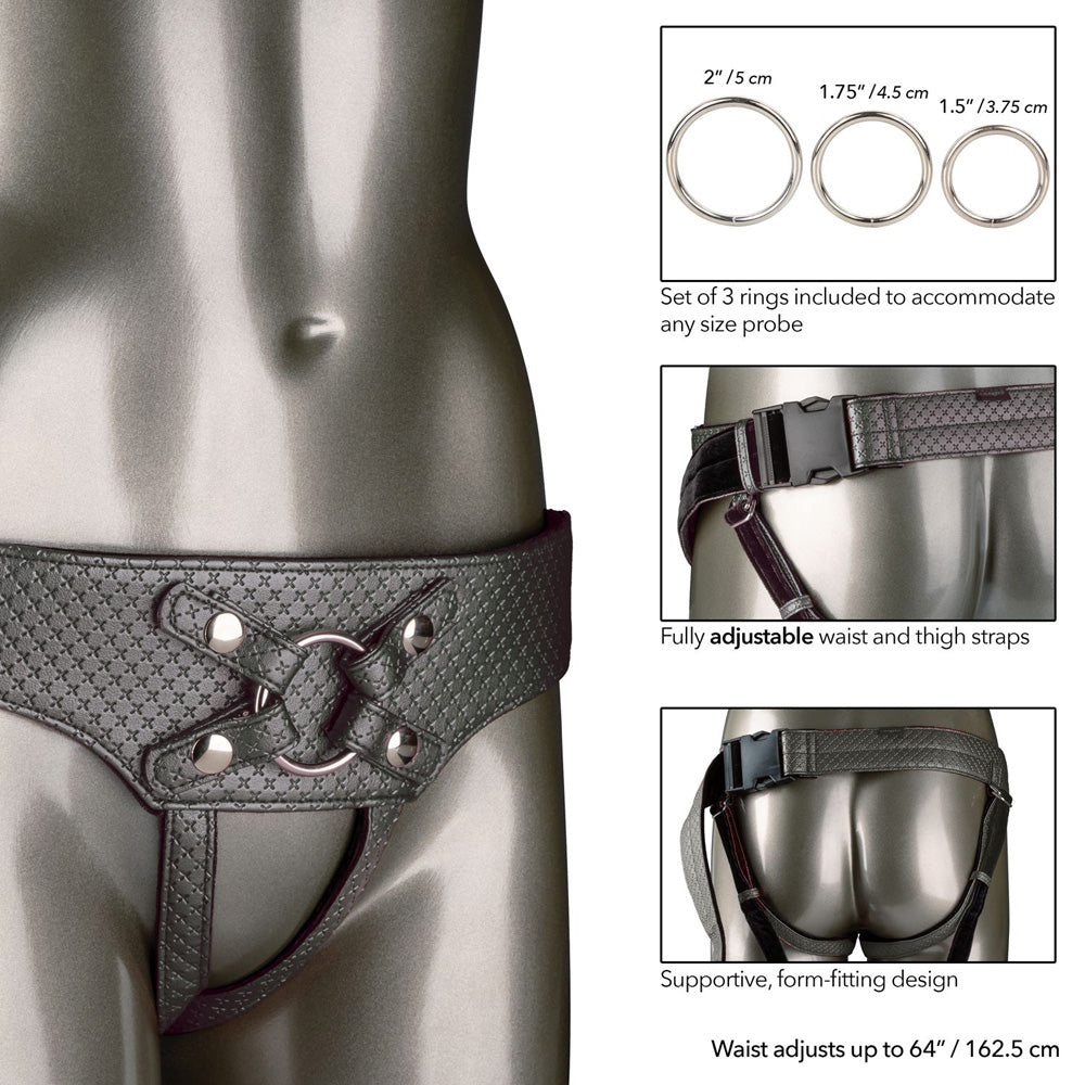 Her Royal Harness The Regal Empress Pewter features adjustable straps and set of 3 rings for versatile probe accommodation.
