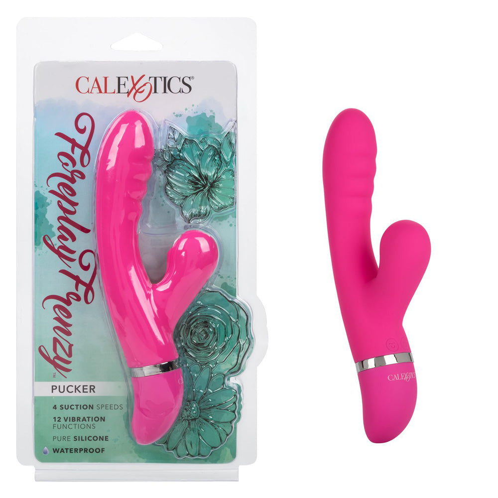 Foreplay Frenzy Pucker Suction Rabbit Vibrator in bright pink packaging, showcasing dual-action design and features.