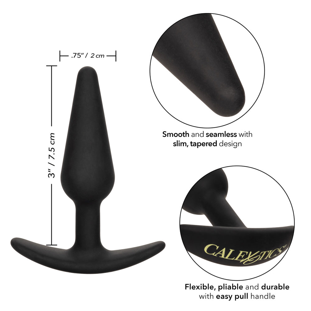 Boundless Slim Anal Plug Black with smooth and tapered design, 3 inches tall and flexible construction.