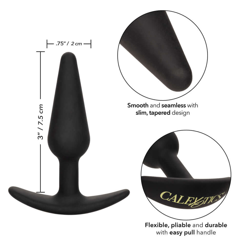 Boundless Slim Anal Plug Black with smooth and tapered design, 3 inches tall and flexible construction.