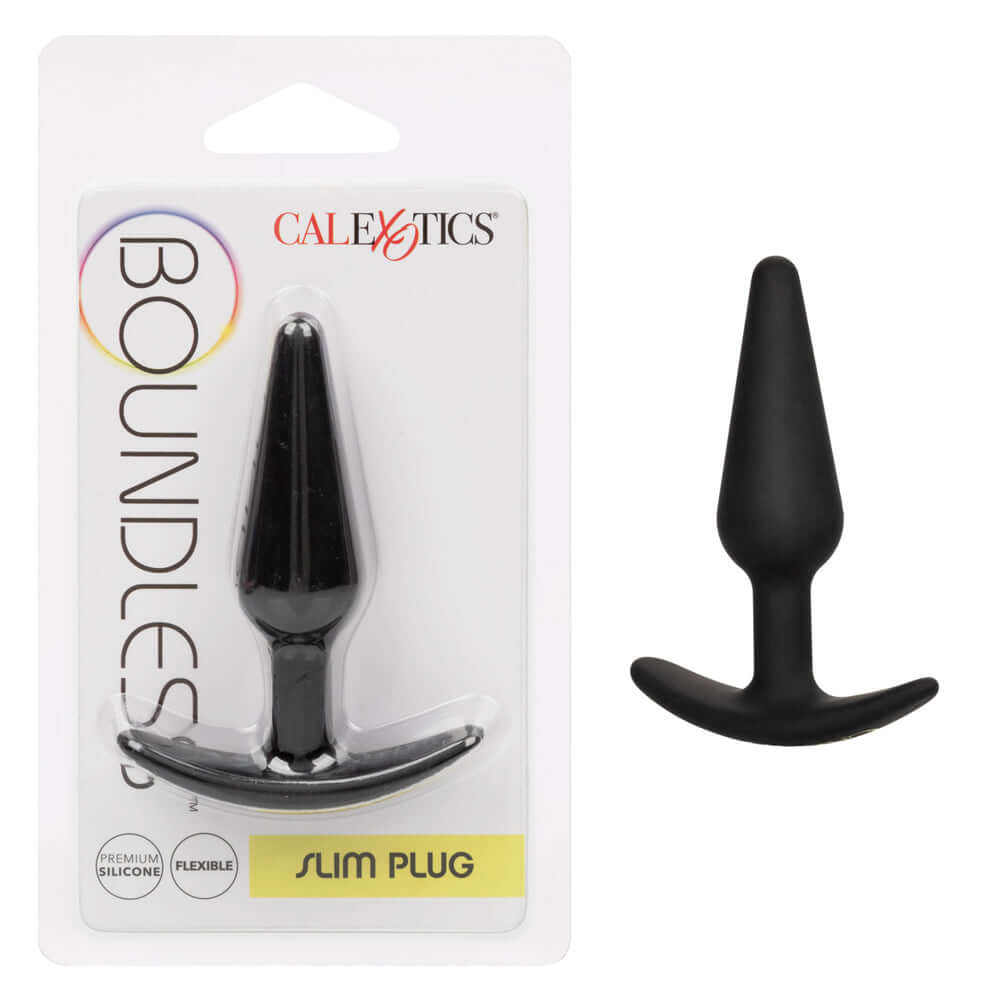 Boundless Slim Anal Plug Black in packaging, featuring a sleek and flexible design for comfortable use.