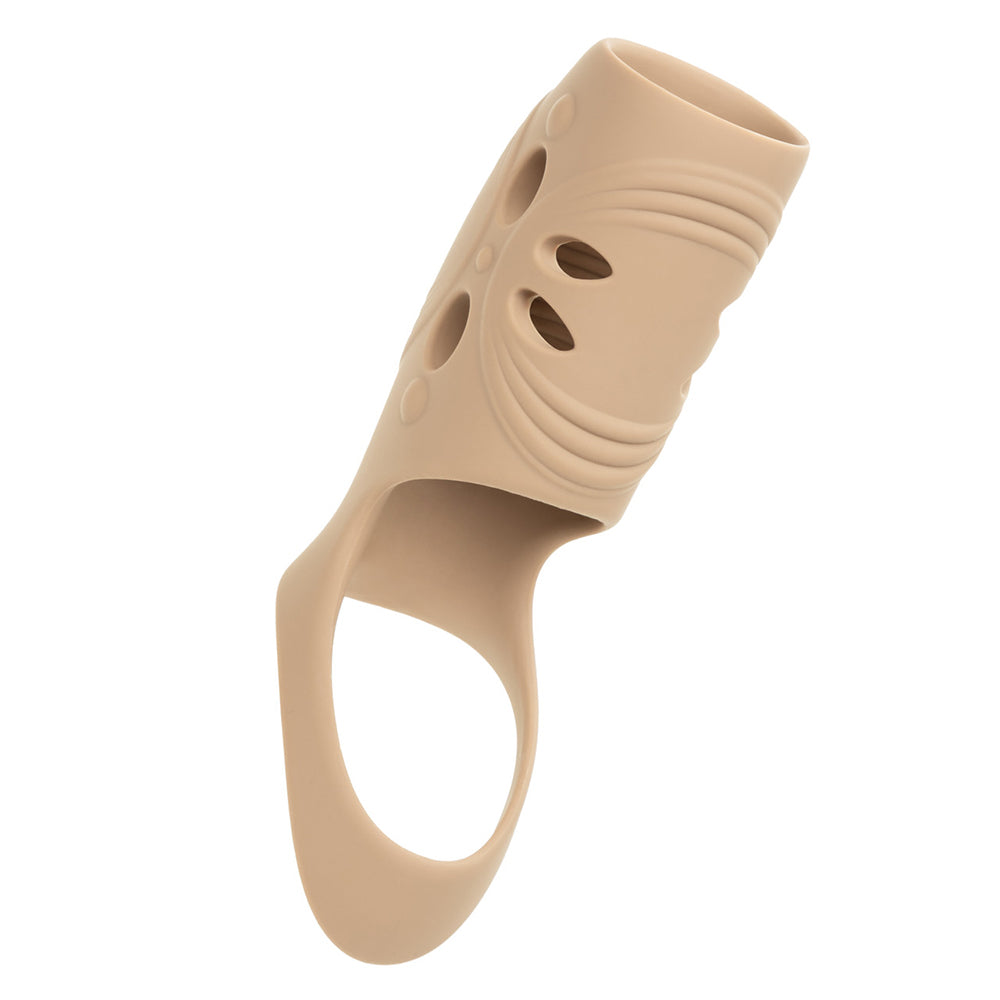 Performance Maxx Rechargeable Penis Sleeve Ivory featuring ridged texture and open head design for enhanced pleasure.