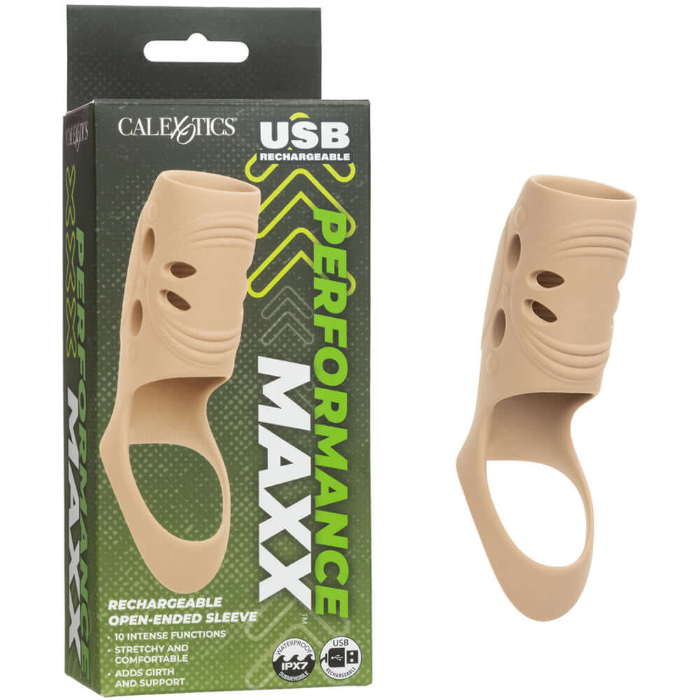 Performance Maxx Rechargeable Penis Sleeve Ivory in open-headed design enhances intimacy with texture and support.